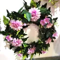 Front door spring wreath with pink dahlia flowers and dense green artificial leaves - Style F