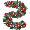 2.7m Snowy Christmas garland with pine cones, red berries and colorful LED lights - Red Berry and Pine Cone Rattan