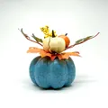 Blue crackle glaze pumpkin centerpiece with maple leaves and berries for autumn decor - Blue Crackle Glaze Effect Pumpkin (Model E)