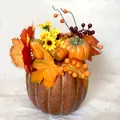Künstliches Ernte-Kürbis-Gesteck mit Sonnenblumen, Ahornblättern und Herbstbeeren - Stil C Großer dunkel gefleckter Kürbis Sonnenblume Beeren (30 cm hoch)