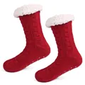 Chaussettes de Noël en tricot rouge torsadé avec doublure chaude en polaire - Torsade Bordeaux