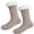Chaussettes de sol en tricot torsadé kaki avec doublure polaire blanche chaude - Tricot Torsadé Café Clair