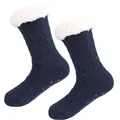 Chaussons chaussettes bleu marine en tricot torsadé avec doublure sherpa blanche - Tricot Torsadé Bleu Foncé