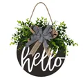 Panneau de porte Hello en bois 3D avec feuilles d'eucalyptus et nœud à carreaux - 30cm / BONJOUR / Noir