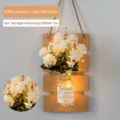 Wall-mounted wood plant hanger with white artificial flowers and warm LED lights - Yellow Board with White Fern