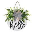 Décoration de porte 3D en bois Hello avec feuilles d'eucalyptus et nœud en lin - 30cm / BONJOUR / Blanc