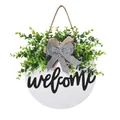 Panneau de bienvenue en bois 3D avec plantes vertes et nœud à carreaux noir et blanc - 30cm / WELCOME / Blanc