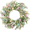 45cm Easter wreath with green leaves, colorful eggs and small flowers on white background - Pink and White Floral Style (D Style) / 45cm
