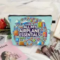 Light blue travel makeup bag with airplane essentials illustration and zipper closure - Airplane Essentials Style (03)
