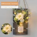Wall-mounted grey wooden HOME plaque with white artificial dahlia and LED fairy lights - Gray Board with Yaosu