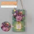 Mint green wooden wall planter with purple silk roses and LED string light decor - HOME Green Board with Purple Roses
