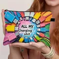 Portable large-capacity rectangle zipper organizer bag with humorous charging cable print - Charging Cables Theme