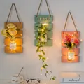 3-piece wooden wall hanging flower baskets with glass bottles and warm LED fairy lights - Autumn Whisper Combination Triple