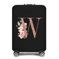 Elastische zwarte kofferhoes met roze roos en roségouden glitterletter W opdruk - Letter W Stijl(23)