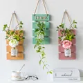 Three-piece wall-mounted wooden flower vases set with artificial plants and HOME sign - Midsummer Light Year Combination Triple