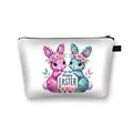 Portable polyester makeup bag for women featuring colorful Easter bunny illustration - White Happy Easter Sequin Effect Double Rabbit (16)