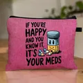 Pink canvas medical organizer bag with cartoon pills and humorous text illustration - Happy Meds Illustration Pink