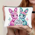 Trousse de maquillage de Pâques étanche avec motif lapin pailleté et texte Happy Easter - Polyester / Deux Lapins Paillettes Rose Vert (02)
