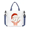 Bolso bandolera de lona blanca con asas azules y estampado navideño número 67 - Estilo Ilustración Gorro Navidad (01)