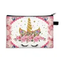 Astuccio in poliestere con unicorno, ghirlanda floreale rosa e chiusura lampo nera - Unicorno Rosa (01)