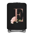 Elastische kofferhoes in zwart met roségouden letter E en een bloemmotief erop - Letter E Stijl (05)