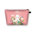 Pink Easter makeup bag featuring a white bunny with daisy flowers and zipper closure - Pink Happy Easter Rabbit with Egg Daisy (07)