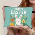 Neceser de Pascua verde menta con diseño de conejo y flores con cremallera - Verde Menta Conejo Blanco Huevo de Pascua (06)