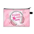 Trousse à maquillage K-POP rose en polyester avec motifs de casque et cœurs - Style I LOVE KPOP Rose (06)