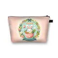 Pink polyester makeup bag with Happy Easter bunny basket print and black zipper - Pale Pink Happy Easter Flower Basket Rabbit (09)