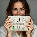 Tragbare cremefarbene Tasche für Ladegeräte mit Reißverschluss und digitalen Symbolen - Beige Stil 04 (CHARGERS)