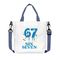 White canvas tote bag with blue '67' print and adjustable crossbody strap - 05