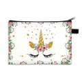 Kosmetiktasche aus Polyester mit Einhorndruck, Blumen und goldenem Glitzerhorn-Detail - Goldenes Horn Einhorn (06)