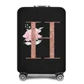 Elastische kofferhoes in zwart met roségouden glitterletter H en bloemmotief - Letter H Stijl (08)