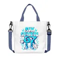 White canvas tote bag with blue straps and SIX SEVEN 67 print with crossbody strap - 06