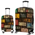 Elastic suitcase cover with vintage license plate prints and dark wood texture - S / Retro License Plate