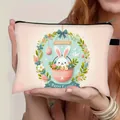 Neceser de tela con estampado de conejo de Pascua y cierre de cremallera seguro - Beige Huevo Rosa Conejo Blanco Guirnalda (12)