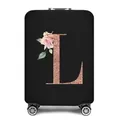 Elastische kofferhoes met roségouden letter L en bloemen op zwarte stof - Letter L Stijl(12)