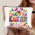 Neceser de lona blanca para Pascua con orejas de conejo y patrones de huevos - Blanco Mezcla de Elementos de Pascua Impreso (15)