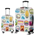 Elastic suitcase cover featuring vintage world landmark stamp prints on a gray background - Landmark Puzzle