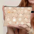 Neceser de Pascua con diseño de conejitos y huevos, poliéster con cremallera negra - Beige Retro Dibujado a Mano Conejo Huevo (16)
