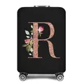 Elastische kofferhoes met bloemrijk roségouden letter R design op zwart textiel - Letter R Stijl(18)