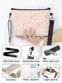 Detail view of felt shoulder bag showing adjustable strap, zipper, and large capacity - Light Beige Pink Bows Polka Dots
