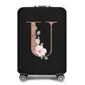 Elastische zwarte kofferhoes met roségouden letter U en roze bloemendecoratie - Letter U Stijl(21)