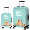 Elastic light blue suitcase cover with Go Travel world landmarks and world map print - British Architecture