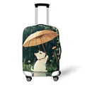 Elastic luggage cover featuring a cute white cat holding an orange umbrella in rain - Size S (18-20 Inch) / White Cat with Red Umbrella (15)