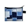 Mini zipper coin purse with vintage blue denim patchwork print and nylon wrist strap - Vintage Patchwork Print Style (03)