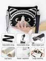 Cute black felt shoulder bag with cartoon cat print and adjustable strap for women - Cat with Striped Hat (01)