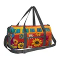 Bolso de viaje bohemio con estampado de furgoneta vintage y girasoles en blanco - Girasol Autobús de la Paz (05)