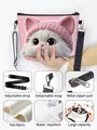 Pink felt crossbody bag featuring cute cat print and adjustable black shoulder strap - Cat with Pink Hat (02)