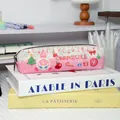 Pink and white knit pencil case with colorful holiday embroidery and zipper closure - Pink Christmas Unicorn Pattern (06)
